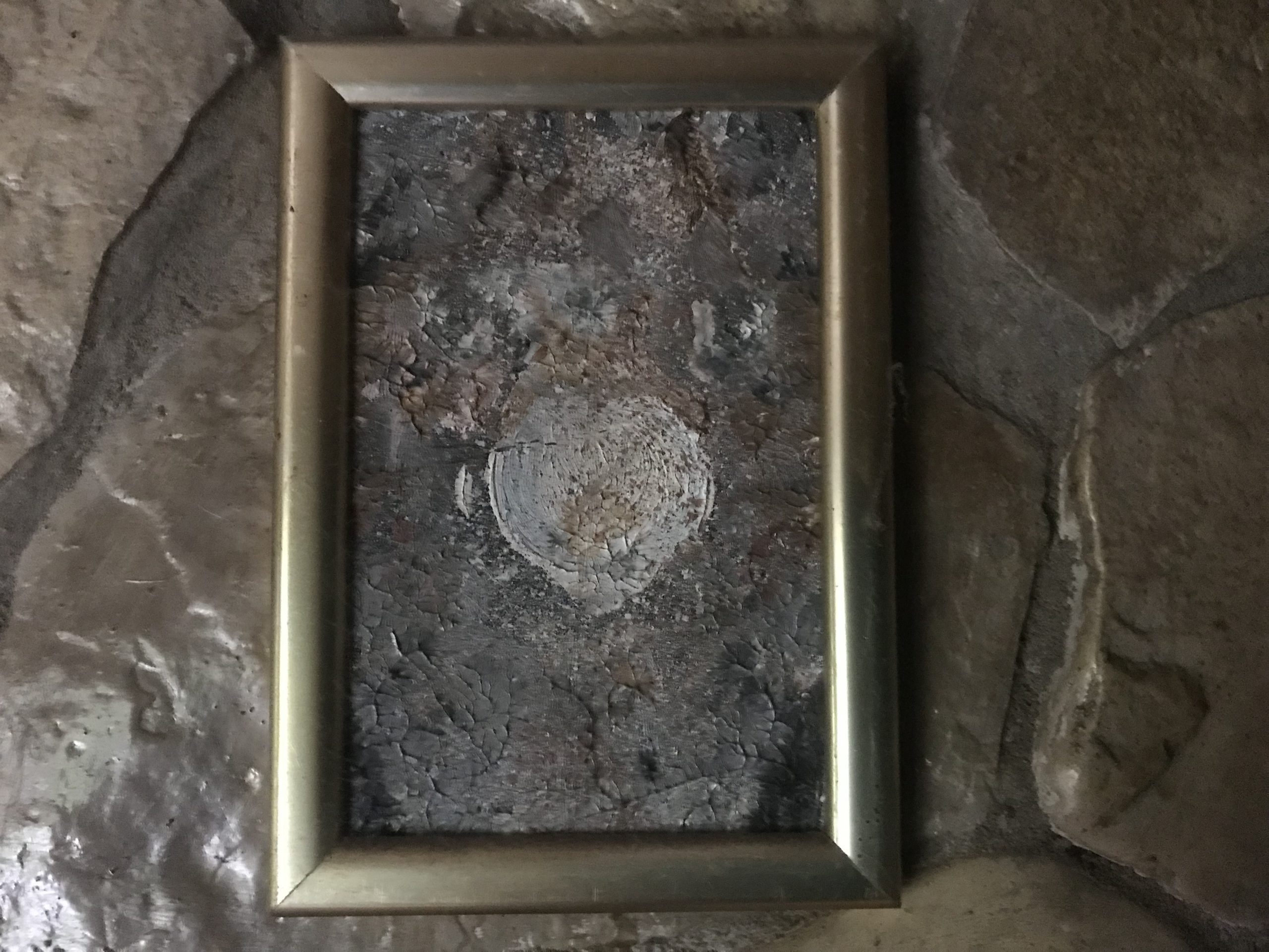 Echo of Matter — oil on panel, a textured abstraction resembling cracked earth and the silent surface of time.