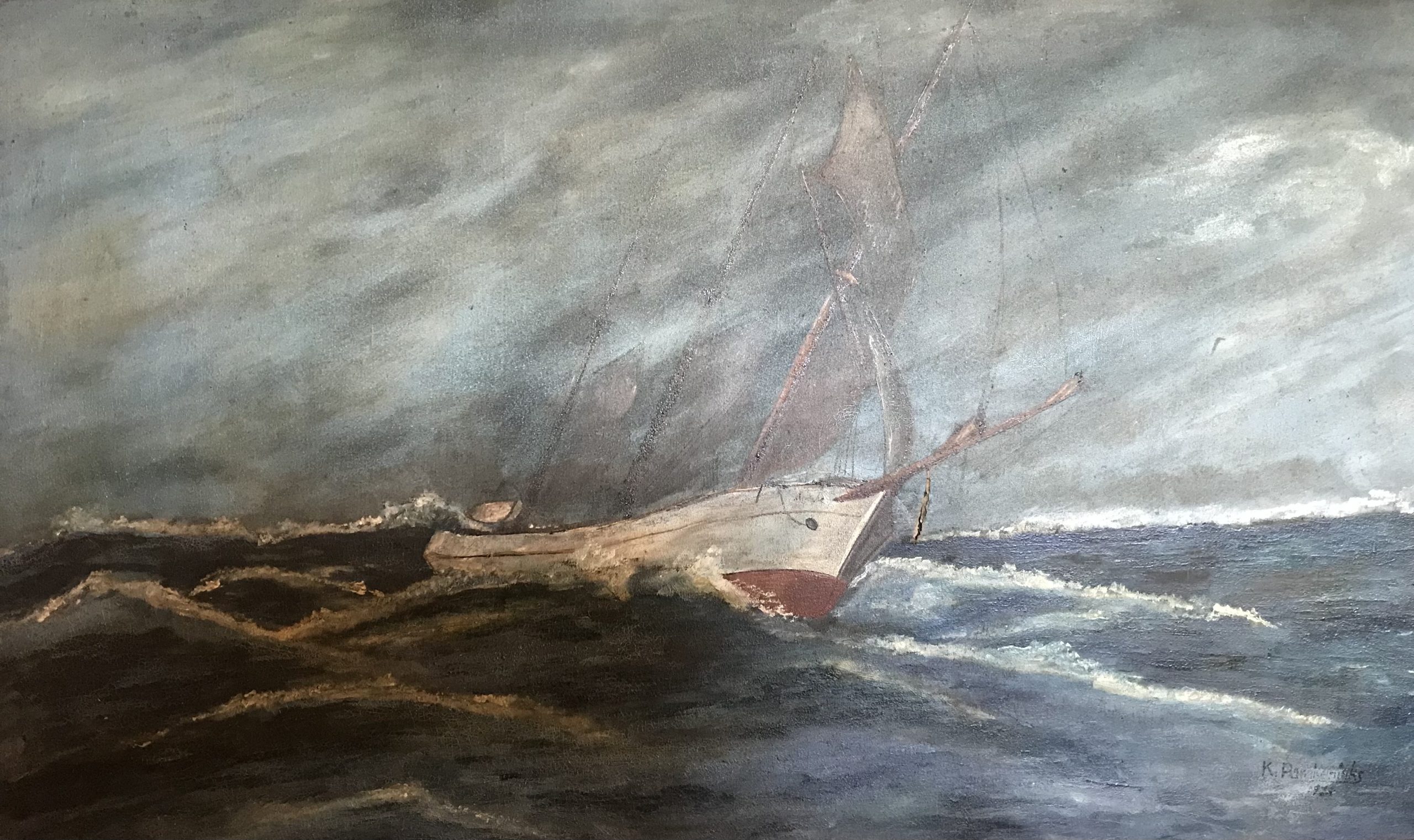K. Parekinieks, Морской пейзаж, 1928 — парусник в шторме
